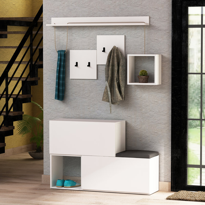 Hall Tree Bench with Shoe Storage and Coat Hooks, White