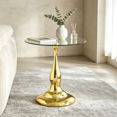 Table d'appoint moderne en métal doré, plateau rond en verre trempé transparent de 50 cm (19,6 po), table de chevet en métal brillant en forme de vase pour salon, chambre ou terrasse