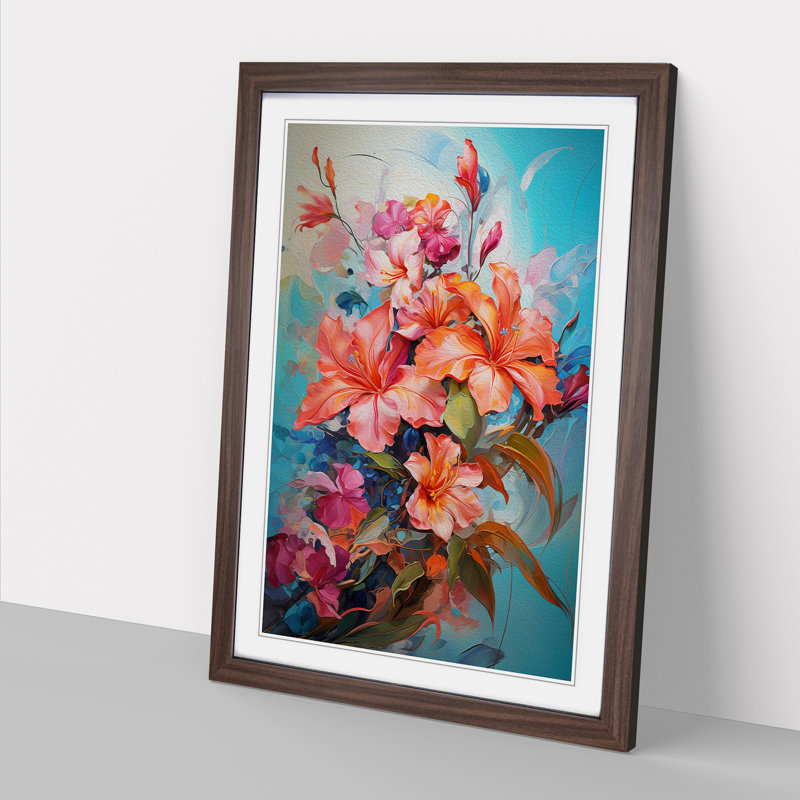 Floral Art Action Painting Art - Framed Print, 34cm H x 25cm W x 2cm D, Walnut