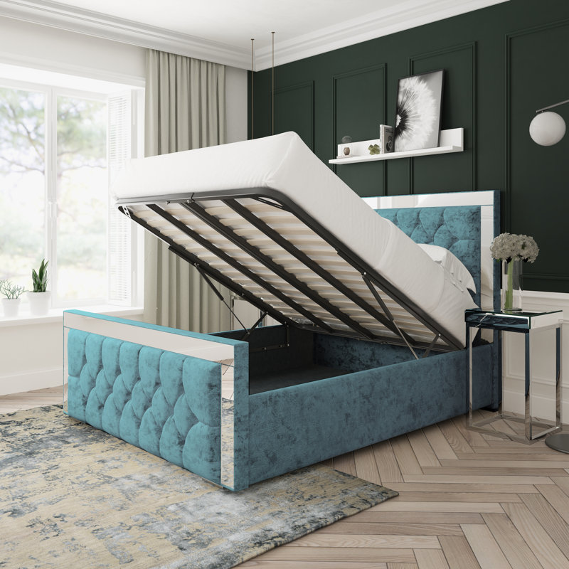 Sage Crushed Velvet Upholstered Ottoman Bed Frame, Kingsize (5'), Teal