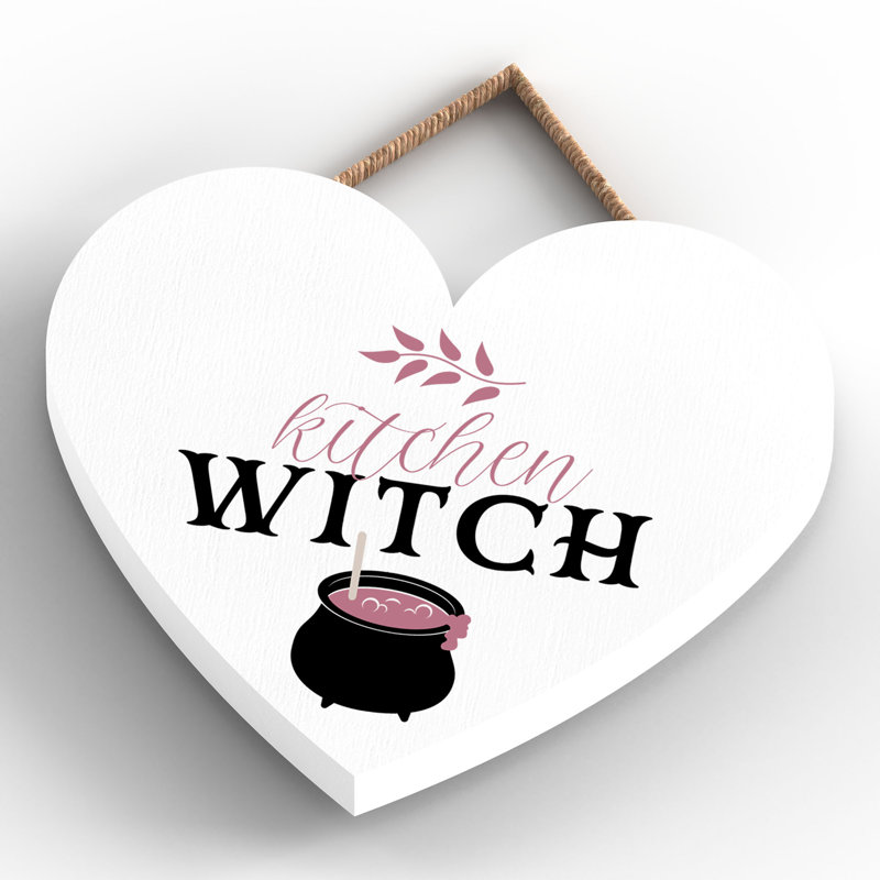 Kitchen Witch Wooden Heart Plaque, 10cm H x 9cm W x 0.5cm D, White