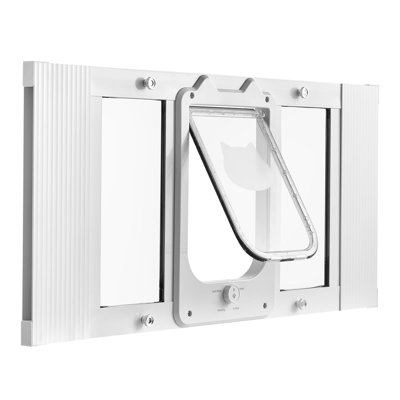 Porte de chat réglable en aluminium pour fenêtre (pour une largeur de 27 à 32 po) avec système de verrouillage à 4 voies et fermeture magnétique, blanc