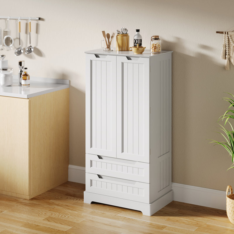 Farmhouse Kitchen Pantry – Refrigerator-Style Doors, 2 Large Drawers & Adjustable Shelves, White