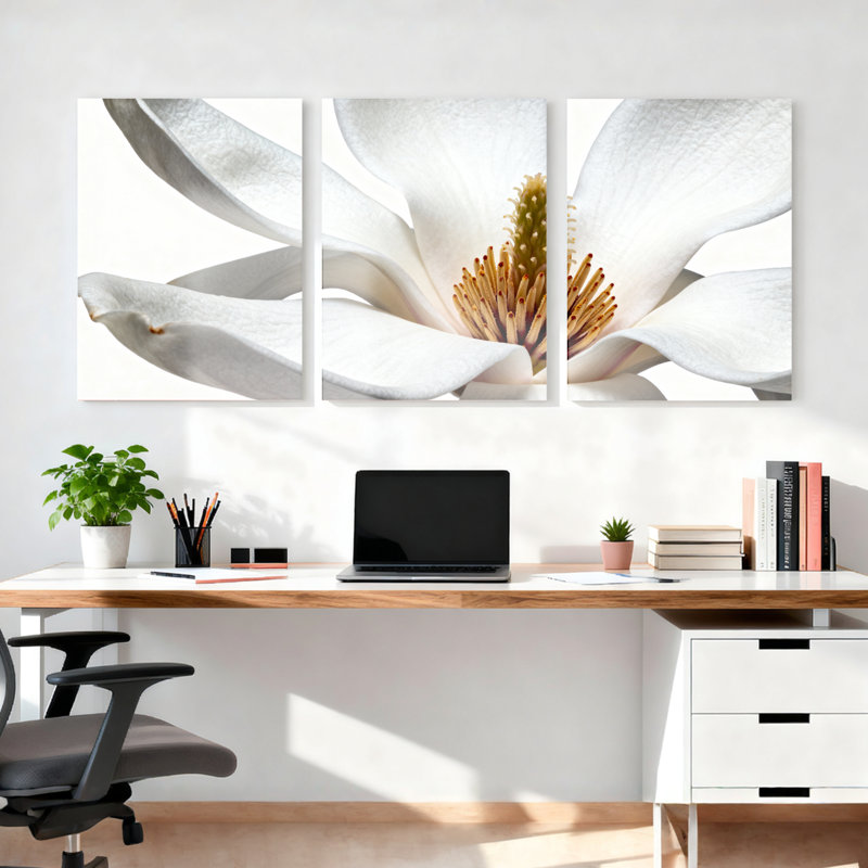 Ensemble de 3 tableaux sur toile tendue représentant des fleurs de magnolia blanc, pour la décoration du salon et de la chambre à coucher.