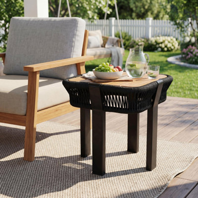 Table d'appoint en bois d'acacia, table de bout d'extérieur pour patio d'une capacité de 120 lb avec corde et structure en métal, table d'appoint carrée pour la cour arrière, balcon, salon