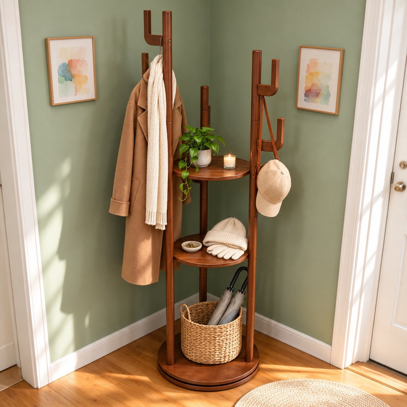 Portemanteau rotatif 65 po en bois d'hévéa massif avec 3 tablettes et 9 crochets, noyer