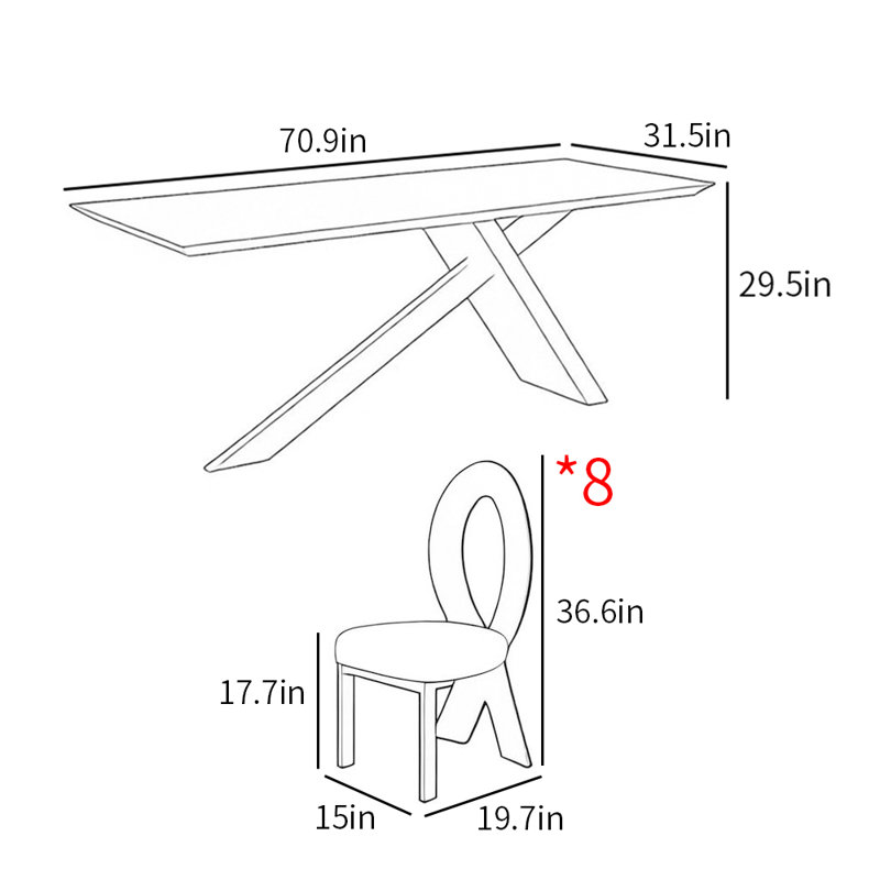 Ensemble de table de salle à manger rectangulaire de style français, Noir, H 29,5 po x L 70,9 po x l 31,5 po