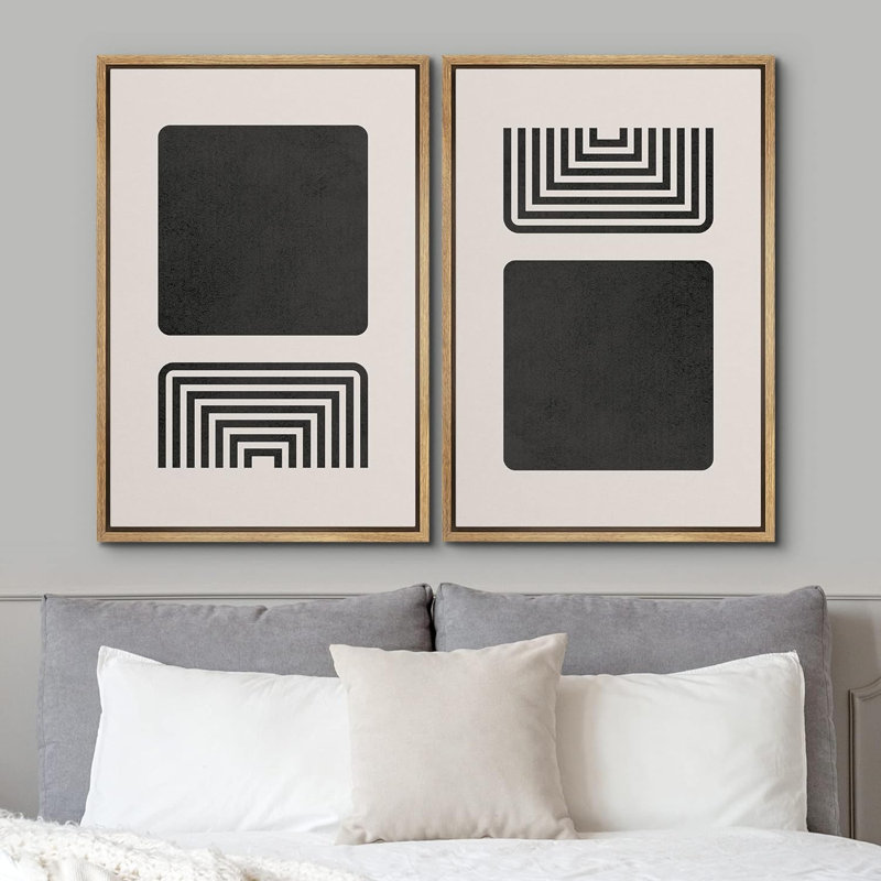 Geometric Line Mid Century Spiral & Solid Square Block Polygons Abstract Modern Minimalist On Canvas 2 Pieces Print