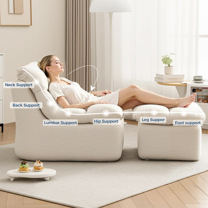 Grand fauteuil à billes avec repose-pieds en velours côtelé Azareu pour adultes et enfants, Velours côtelé blanc