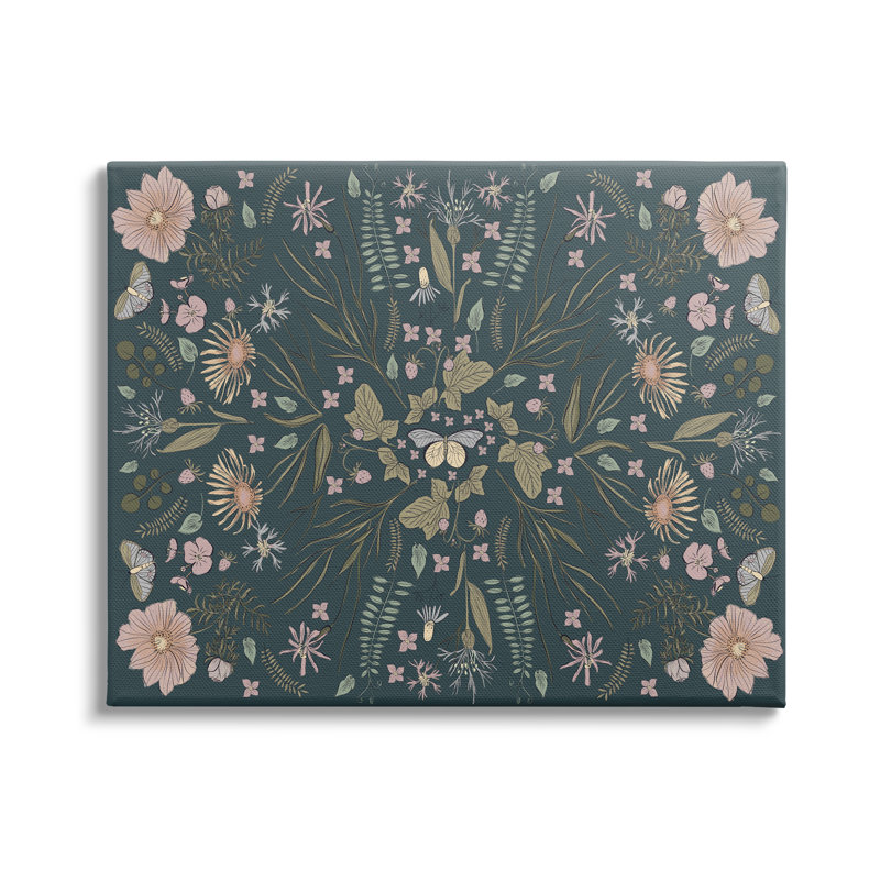 Motif d'insecte papillon varié à motif botanique floral par Birgit Maria Kiennast - peinture sur toile à cadre flottant