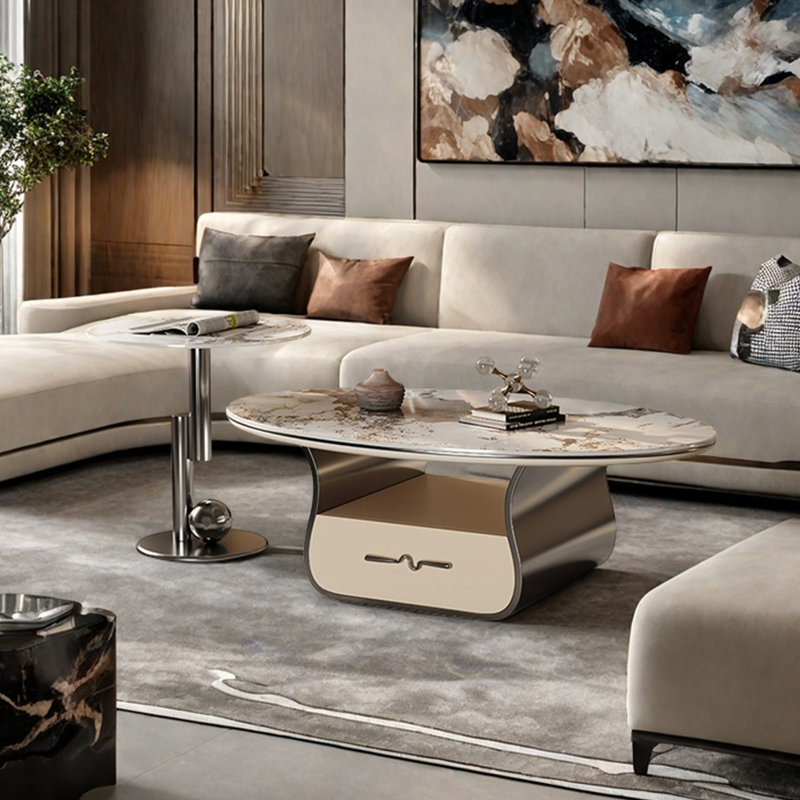 Light luxury oval rock plate coffee table, 16.5" H x 47.2" L x 27.6" W, Grey