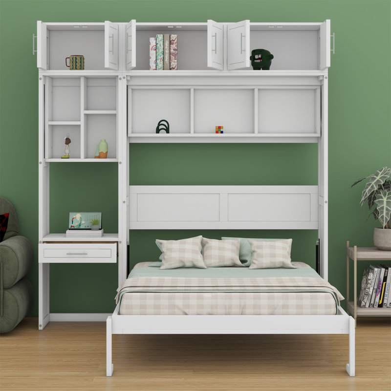 Lit escamotable avec bureau, armoire supérieure et tablettes de rangement, lit pliable peu encombrant, Blanc