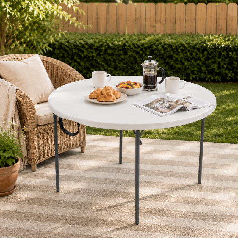 Mobilier d'extérieur essentiel de table pliante ronde blanche à motif granit blanc, Blanc