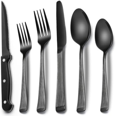 Ensemble 24 pièces de couverts 24 pièces avec couteaux à steak, ensemble de couverts noir pour 4 personnes, ensemble de couverts en acier inoxydable de qualité alimentaire, ensemble d'ustensiles à finition miroir pour restaurant maison, colonne romaine