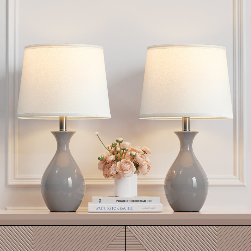 19”Ceramic Table Lamp Set of 2, Modern Bedside Lamps for Nightstand, Bedroom, Living Room with Rocker Switch, Gray
