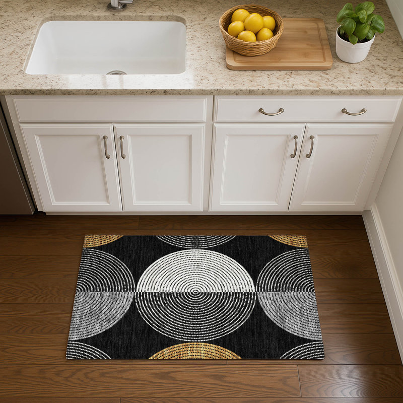 Premium Machine Washable Mayfield AMF2281 Geometric Rug, 1'8" x 2'6", Black