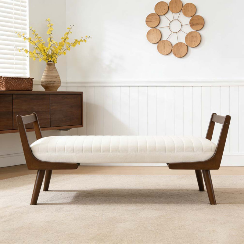 52" Mid Century Bench with Walnut Wood Leg, Beige