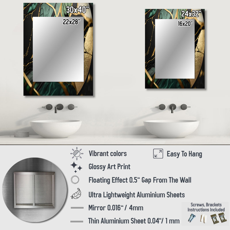 Abstract Geode Green III - Large Wall Mirror On Metal, 32" x 24"