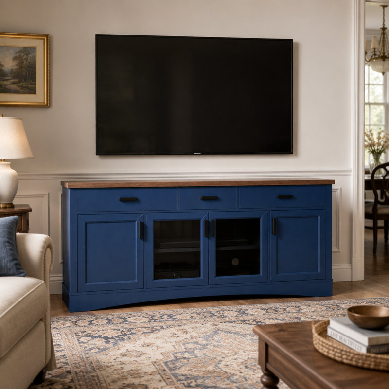 Console de télévision moderne avec portes en verre et tablettes réglables, Blue