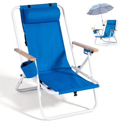 Folding High-Back Beach Chair with Clamp-On Umbrella UPF 50-Plus Sun Shade Heavy Duty Camping Chair with Cup Holder and Carry Bag Blue