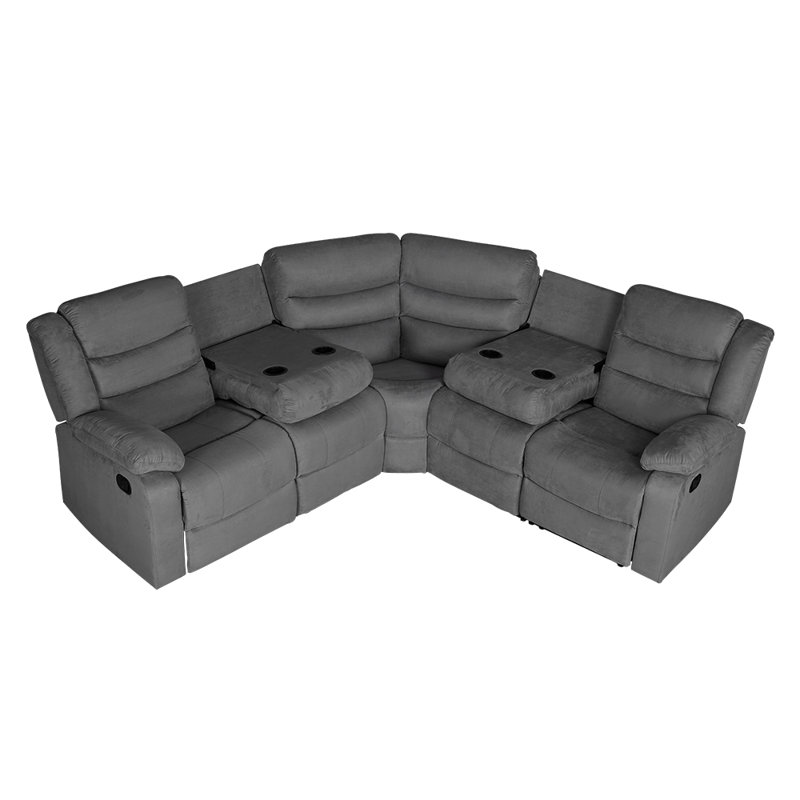 Reclining Sectional Sofa, Microfiber Manual 5 Seats Recliner Sectional Sofa with Cup Holders, Gray Microfiber