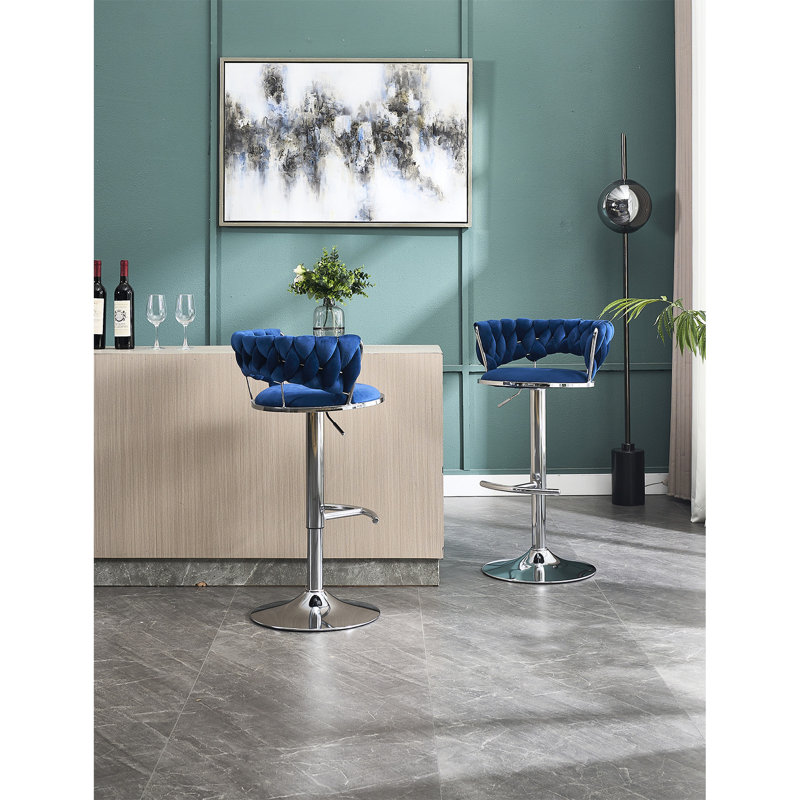 2 tabourets de bar en velours bleu - base en métal avec placage pour une apparence attrayante en velours réglable en hauteur, repose-pieds ergonomique