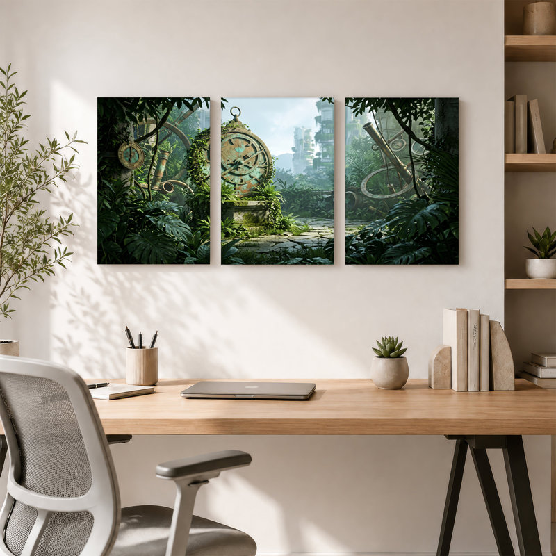 «Overgrown Bronze Astrolabe in Jungle Ruins», ensemble de 3 toiles murales, H 36 po x l 24 po x 3 pièces