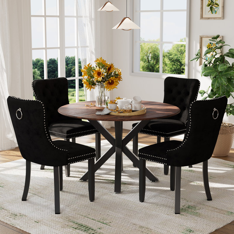 Ensemble de table et chaises de cuisine rondes pour 4, Noir, noir, noir, noir, Noir / Noir