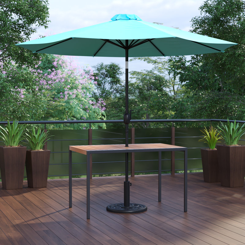 Saville Black Steel Framed 30" x 48" Faux Teak Patio Table-Tan 9FT Patio Umbrella-Base, Teal Umbrella