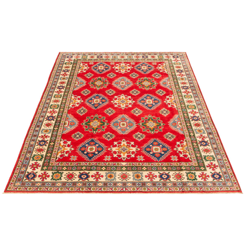 Tapis rouge foncé / jaune en laine noué à la main de conception unique 6 pi 7 po x 9 pi 9 po New Age