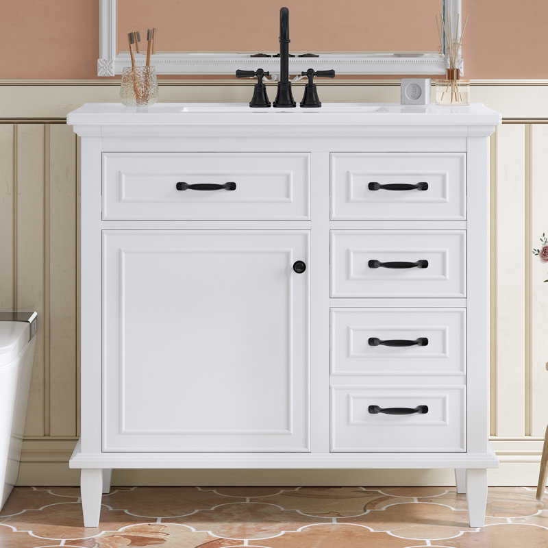 36 Inch Bathroom Vanity With Ceramic Sink Top, MDF & Poplar Cabinet, Flip Drawers, Adjustable Shelf, White