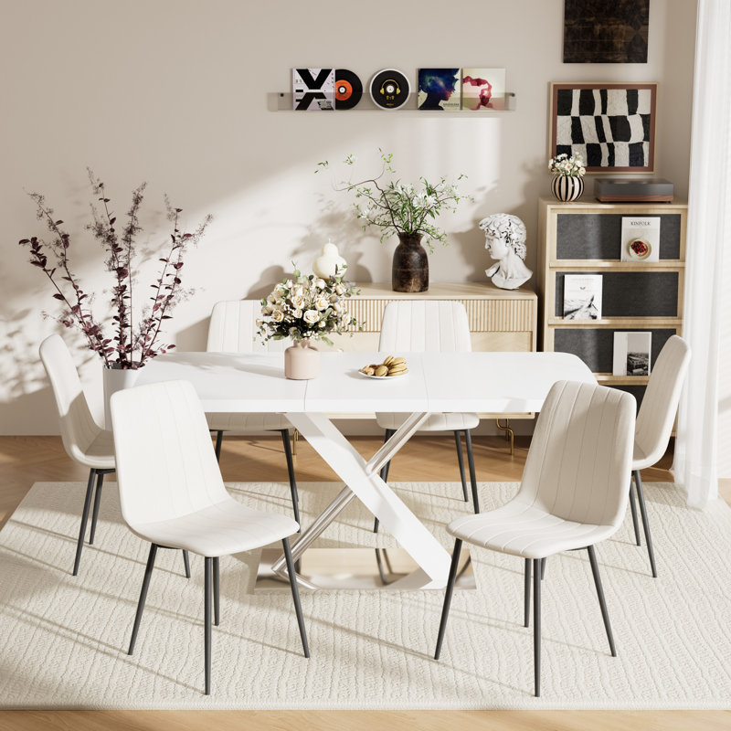 Ensemble de table de salle à manger rectangulaire extensible, Beige, 7, Blanc