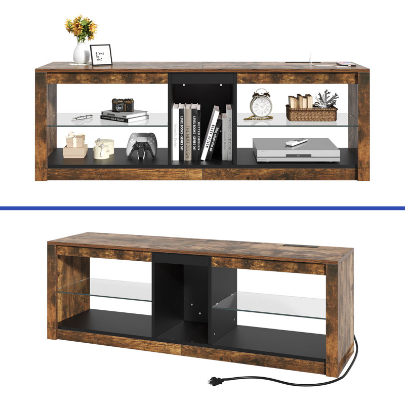 Catey LED Rectangular TV Stand with Tempered Glass Shelves and Power Outlet for TVs up to 60"