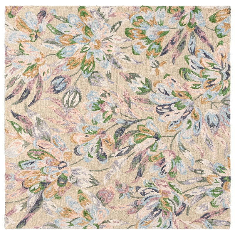 Lyia Hand Tufted Wool/Cotton Floral Rug in Blue/Green/Beige, Square 6"