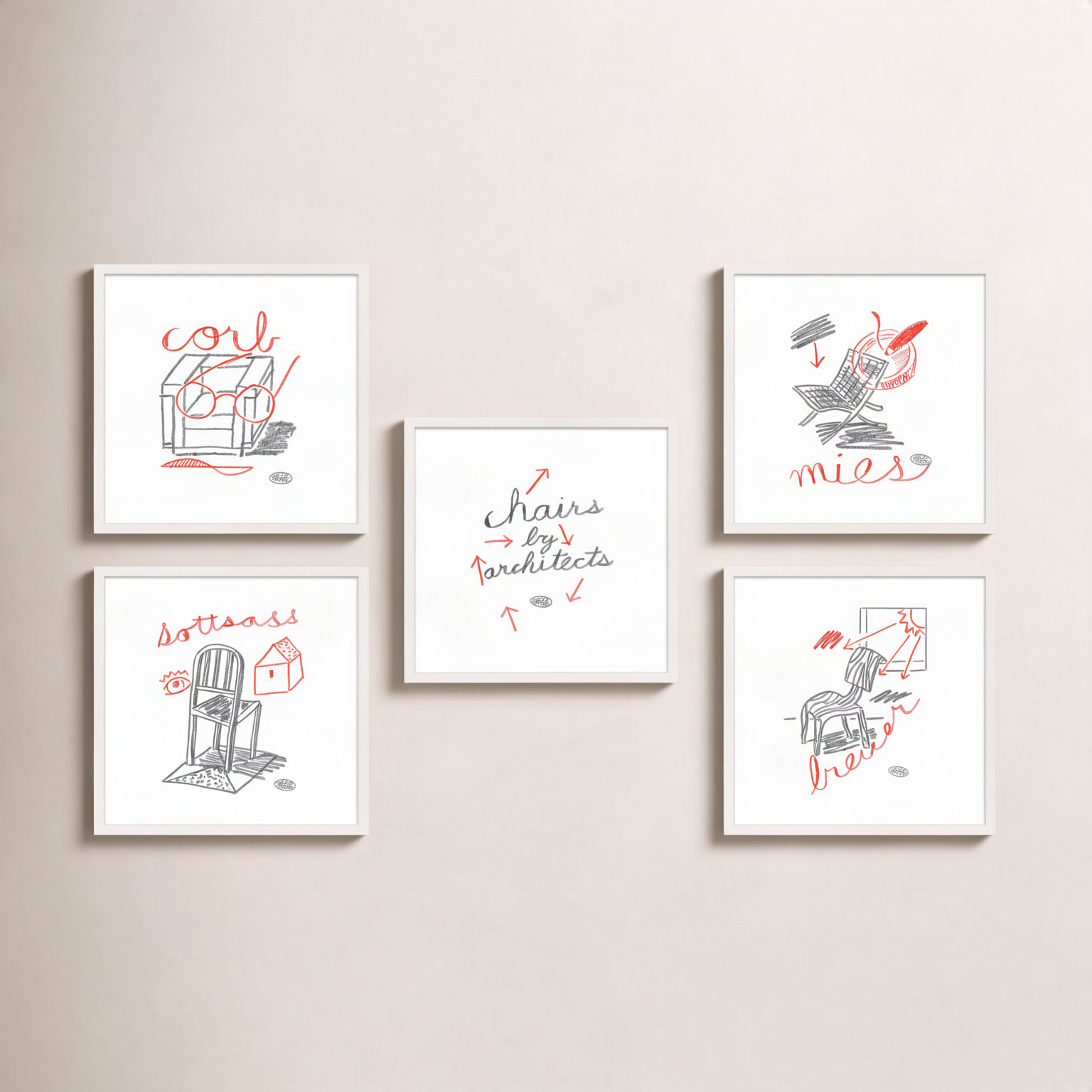 Amir "Chairs" 5-Piece Print Set by Jeff Jackson, 30" W x 30" H, White Single Picture Framed Paper