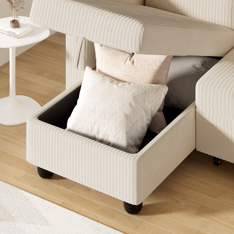 Canapé-lit en forme de L 79 po avec 2 sacs de rangement latéraux, Velours côtelé beige