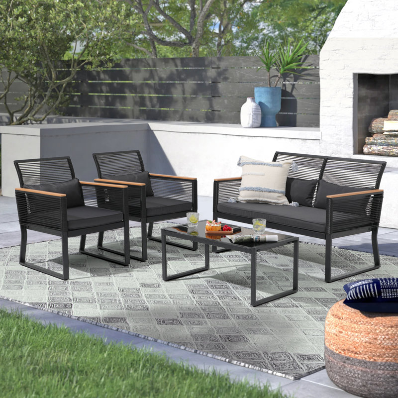 Wicker 4 - Person Patio Conversation Set with Cushions, Black