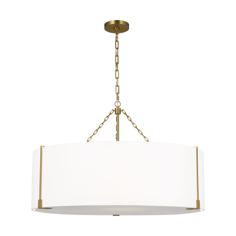 Thom Filicia Bergen 4 Light Dining Room Pendant With White Linen Shade, Burnished Brass