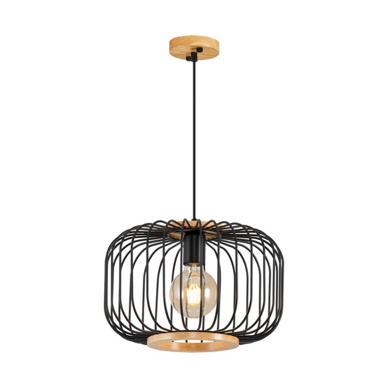 Industrial Style Chandelier with Wooden Body, Black Finish, 13.4 in Diameter x 47.2 in Height | E27 Socket for 40W Bulb (Not Included) | Modern Plain Design, Perfect for Living Room, Dining Room & Entryway