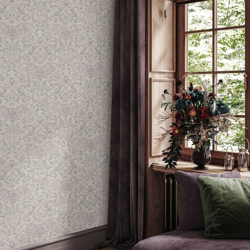 City Romance Collection Floral Damask Wallpaper Roll, Pink/Silver