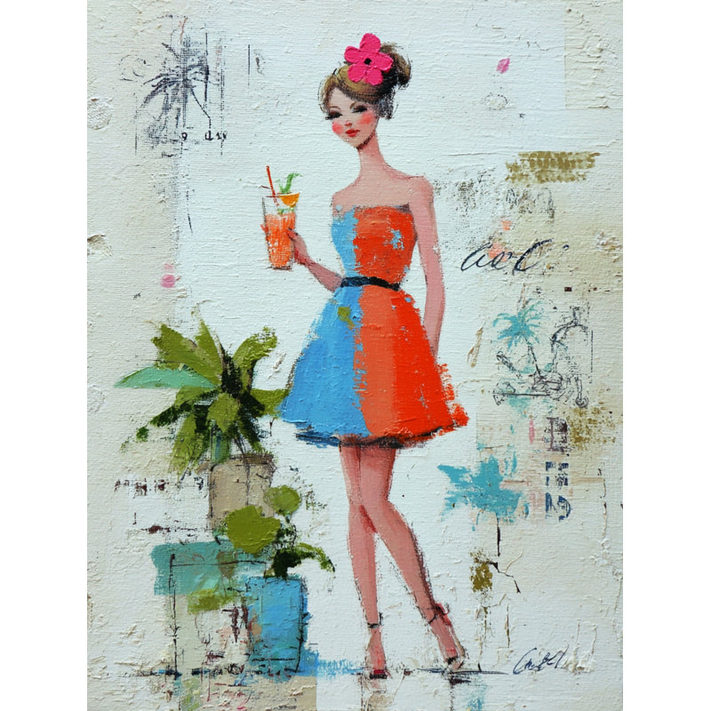 «Chic Lady» avec une robe rouge et bleue sur toile tendue, H 24 po x l 16 po