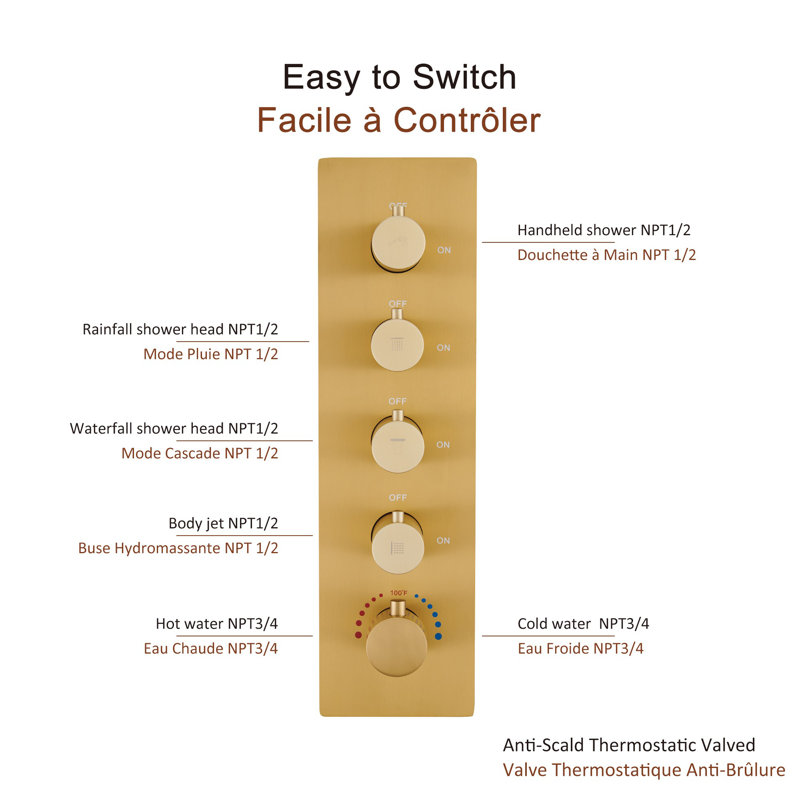 Brushed Gold LED Rain Shower System with Bluetooth Speaker