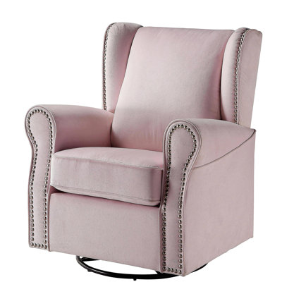 Fauteuil pivotant confortable à accoudoirs roulés avec garniture cloutée, revêtement en tissu rose pour des espaces de vie élégants