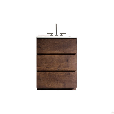 Meuble-lavabo autoportant 24 po en noyer avec évier avec 3 trous de robinet, grand meuble-lavabo autoportant pour salle de bain moderne, lavabo une pièce blanc sans bonde et robinet, pré-assemblé