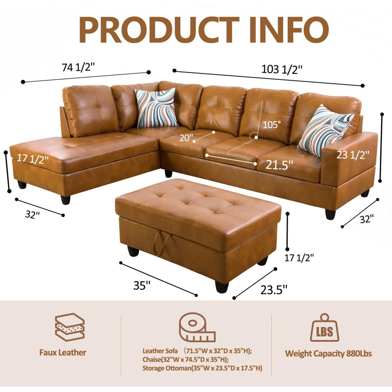 Canapé modulaire en cuir synthétique 3 pièces 3 pièces, Similicuir curcuma