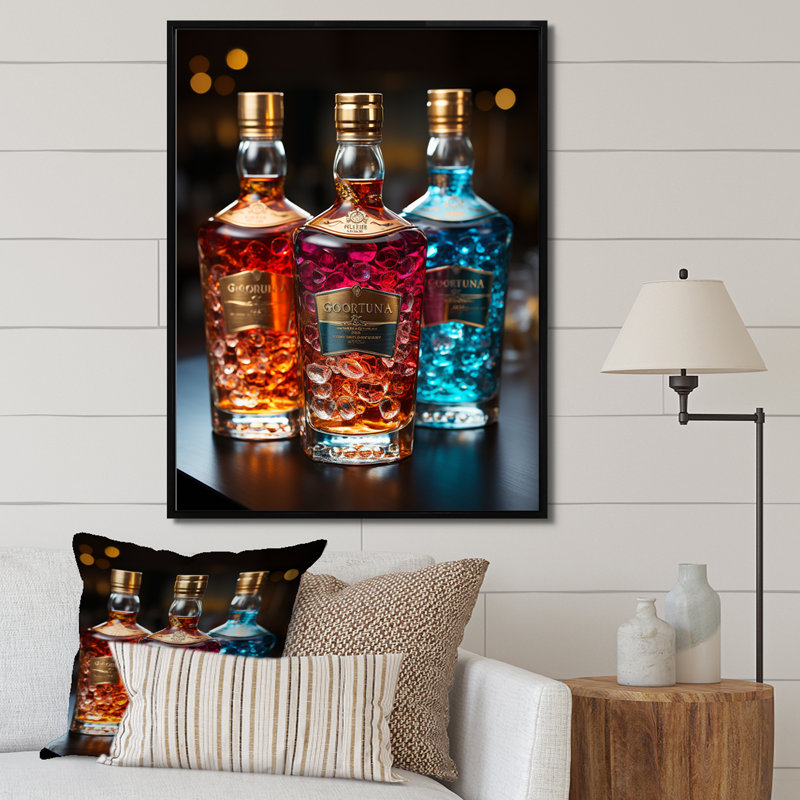 Liquor Spirit Drops Bottles II - Liquor, reproduction sur toile encadrée, H 44 po x l 34 po, Cadre flottant noir