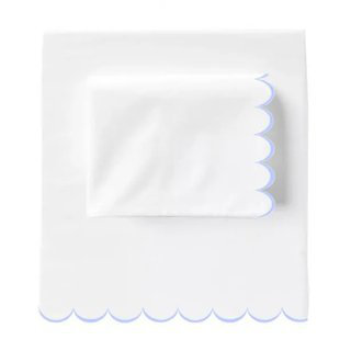 Allena 400TC Cotton Scallop Embroidery Sateen Cotton 4 Piece Sheet Set Fitted Sheet Fits Upto 16" Deep Pocket, Light Blue