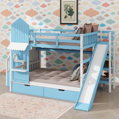 Lit superposé Castle Design avec 2 tiroirs, 3 tablettes et glissade