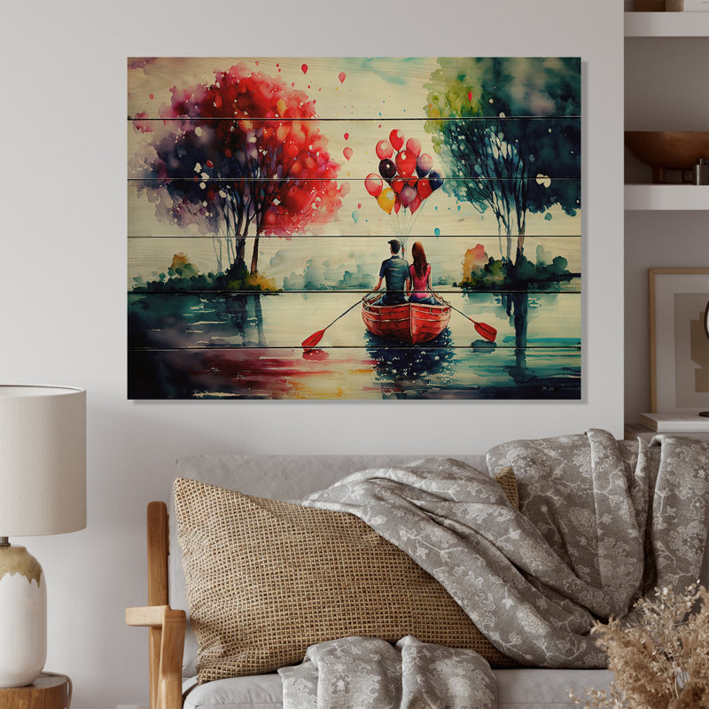 Couple romantique sur l'eau I - impression sans cadre sur bois, H 12 po x l 20 po x P 1 po