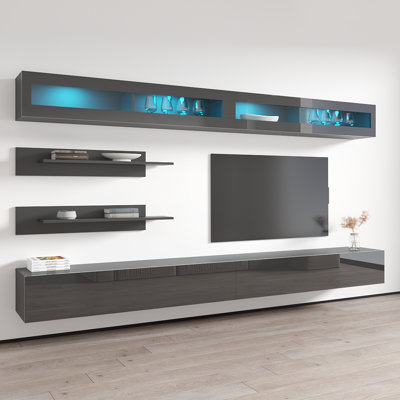 Waconia 126" Modern Floating Wall Mounted Entertainment Center with 16-Color LED Lighting, High Gloss Finish
